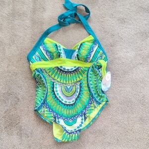 Prana Green and Blue One Piece Swimsuit with Halter Ties
